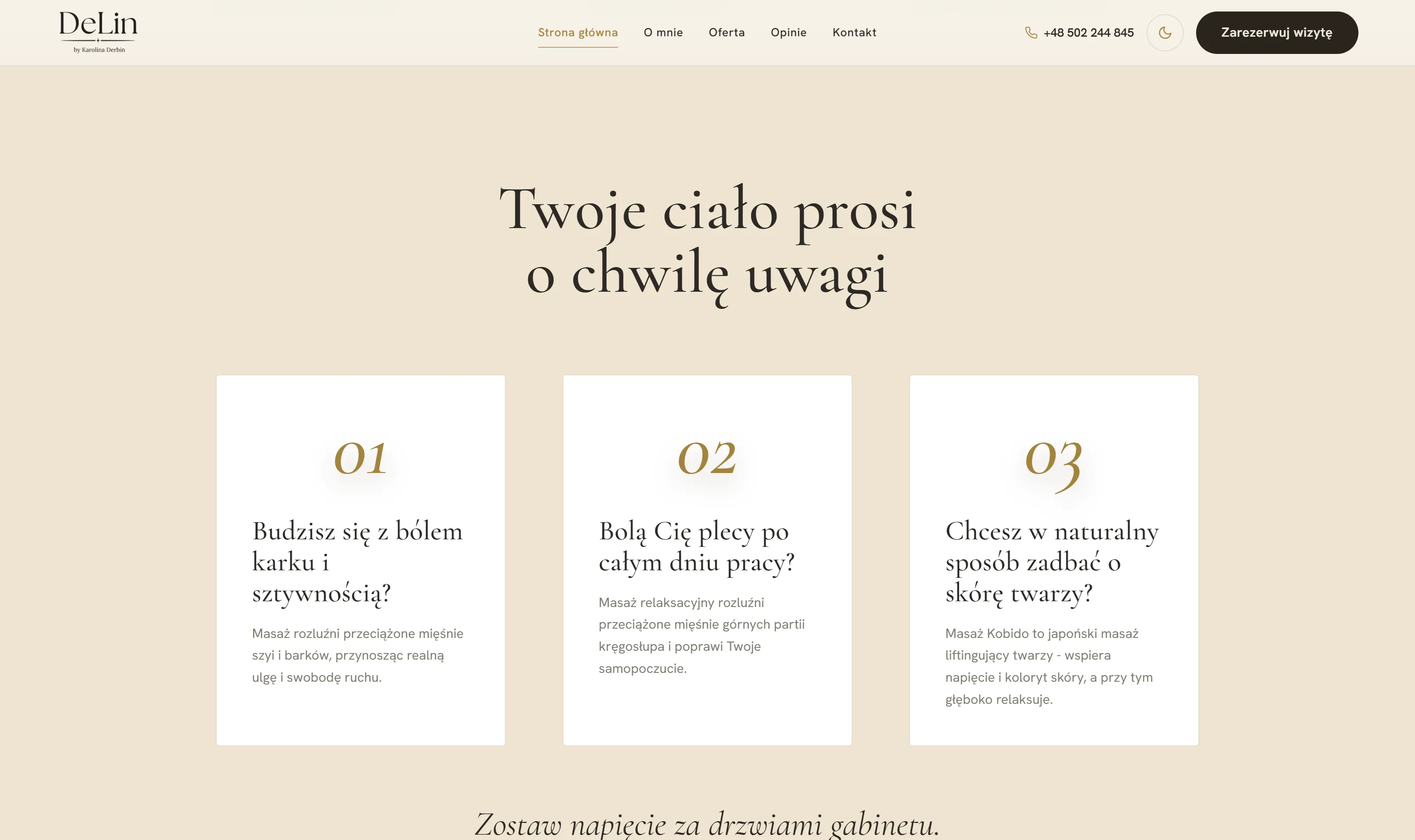 Sekcja „Twoje ciało prosi o chwilę uwagi" — narracja od problemów klientki