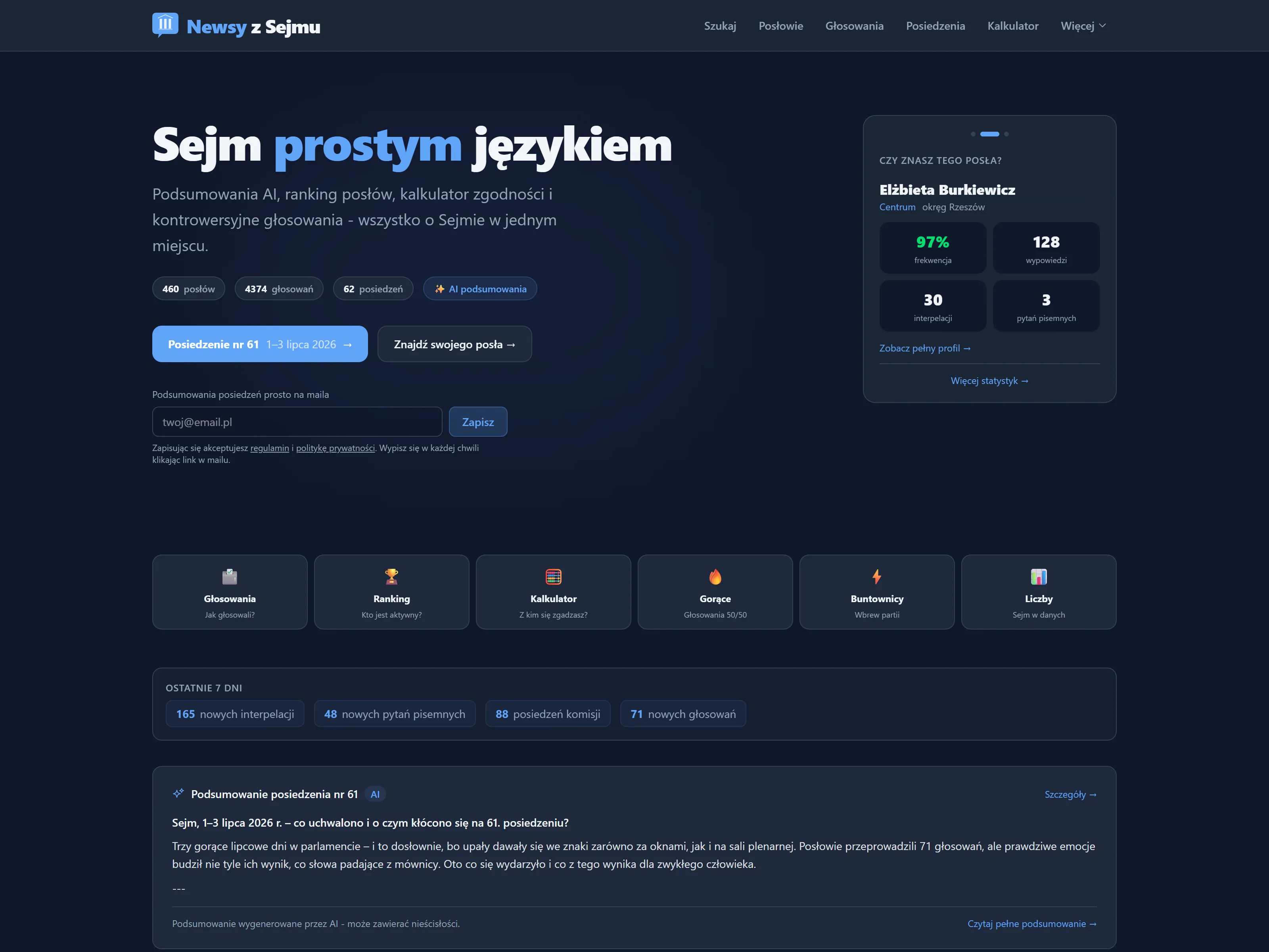 Strona główna Newsy z Sejmu — hasło „Sejm prostym językiem" i statystyki