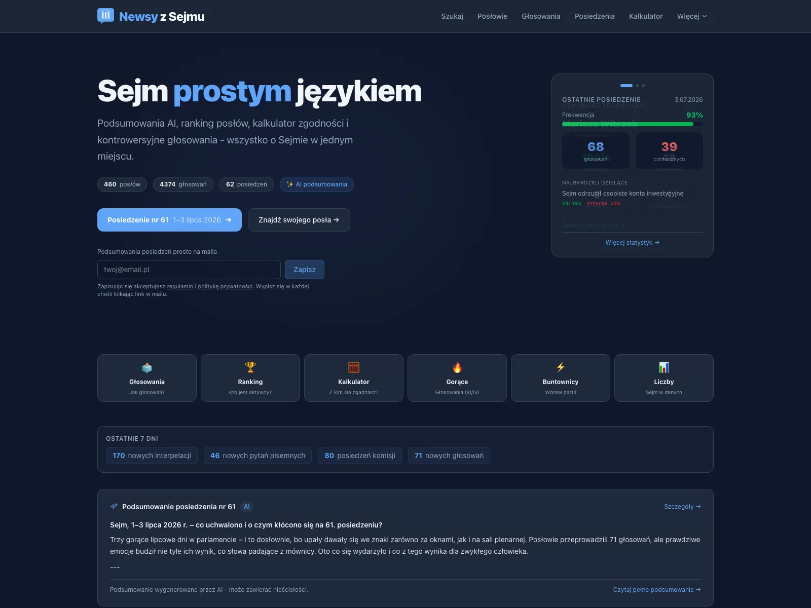 Strona główna Newsy z Sejmu — hasło „Sejm prostym językiem" i statystyki
