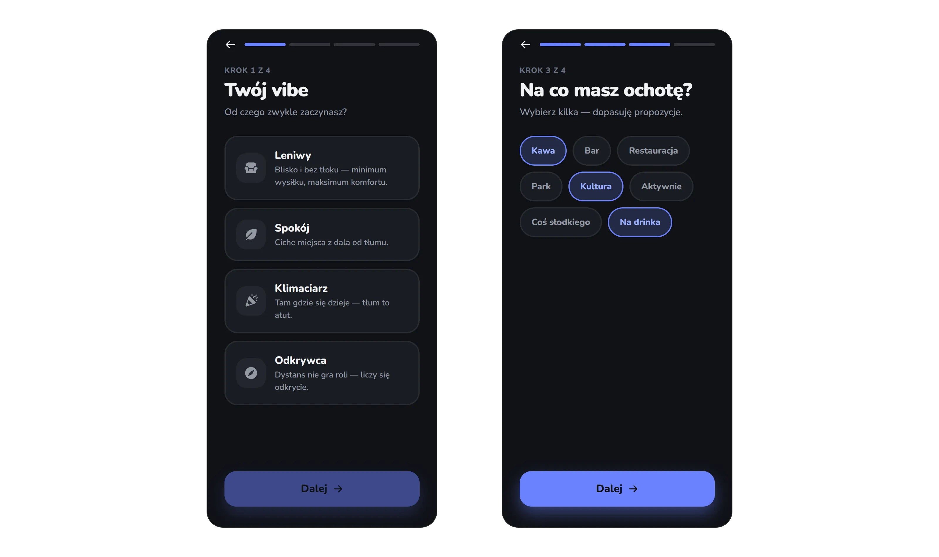 Onboarding Sponti — wybór archetypu „vibe" oraz kategorii „na co masz ochotę"